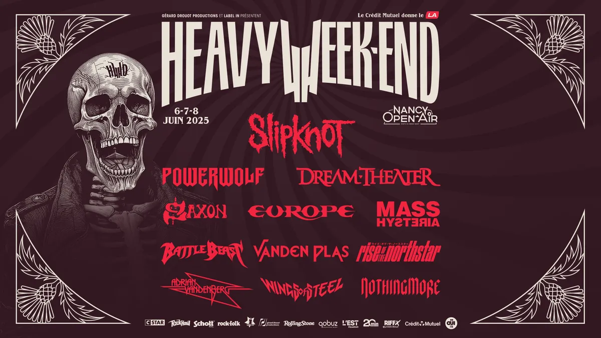 alt="Affiche officielle du Heavy Week-End 2025 à Nancy avec Slipknot, Dream Theater, Powerwolf, Mass Hysteria et Europe"