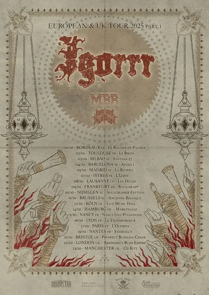 Igorrr Tour 2025 Affiche de la tournée European & UK Tour 2025 d’Igorrr, avec Imperial Triumphant et MBR