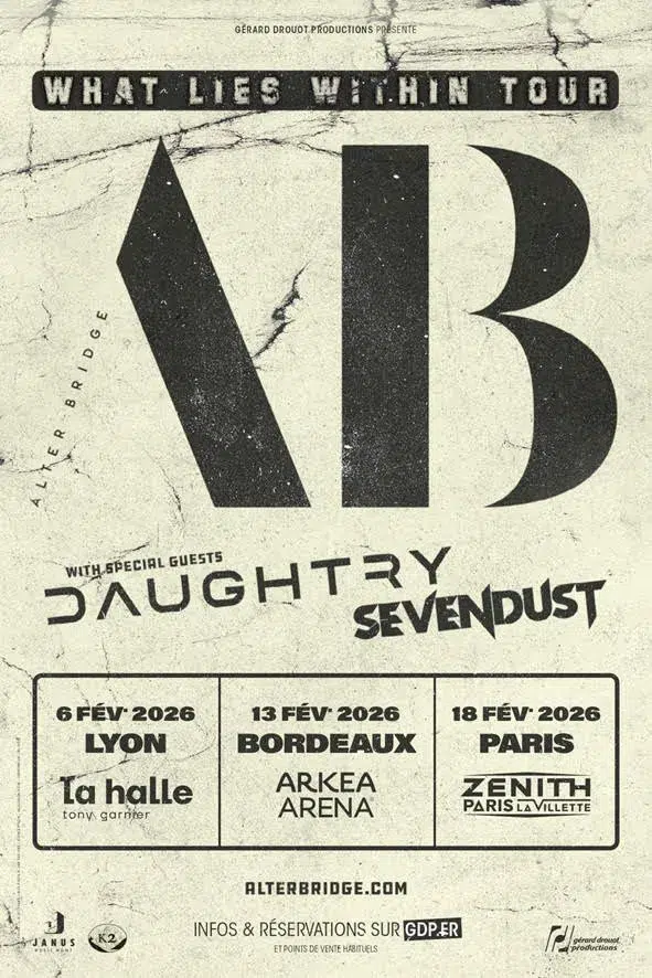 Sevendust - ONE (album 2026) Sevendust première partie d'Alter Bridge France février 2026